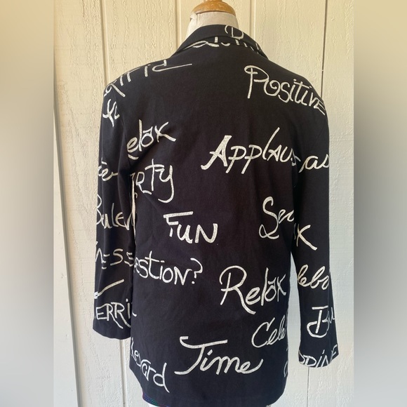 Vtg Styles To Go Black White Script Cotton Knit Blazer M Sz 6 Relax Geo 80s 90s - Picture 5 of 6